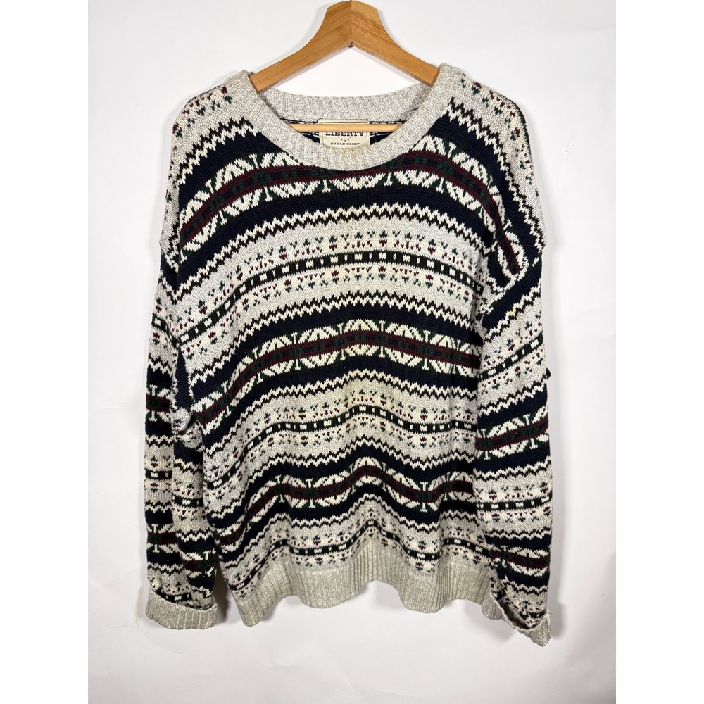 Liberty Old Glory Vintage Mens XL Fair Isle Cotton Knit Sweater Made in USA Navy